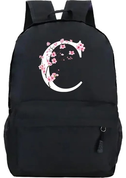Gençlik Okulu Sırt Çantaları Sakura Çiçek A-Z Alfabe Büyük Kapasiteli Tuval Harajuku Moda Fermuar Estetik Omuzlar Siyah Çanta Renk: Bk3 (Yurt Dışından)