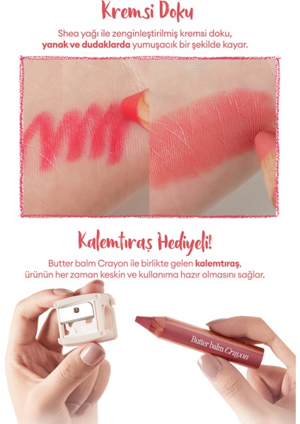 Kremsi, Kalem Şeklinde Renkli Dudak Balmı &Kalemtıraş CLIO Butter Balm Crayon 013 Good Morning Apple