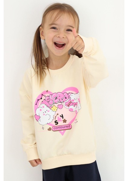 Kız Çocuk Sweatshirt Kalp Baskılı 2-6 Yaş, Krem