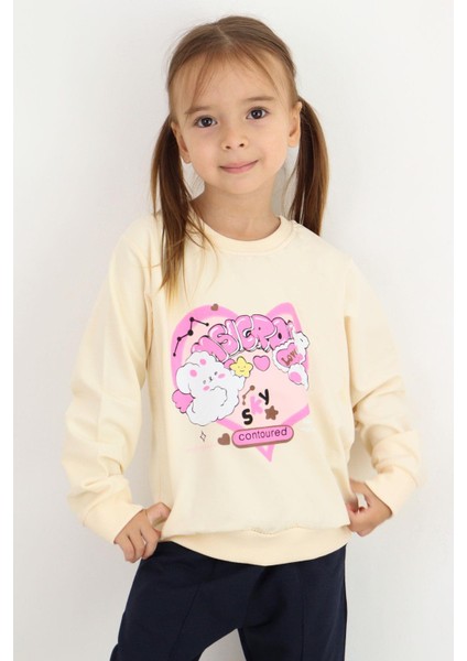 Kız Çocuk Sweatshirt Kalp Baskılı 2-6 Yaş, Krem