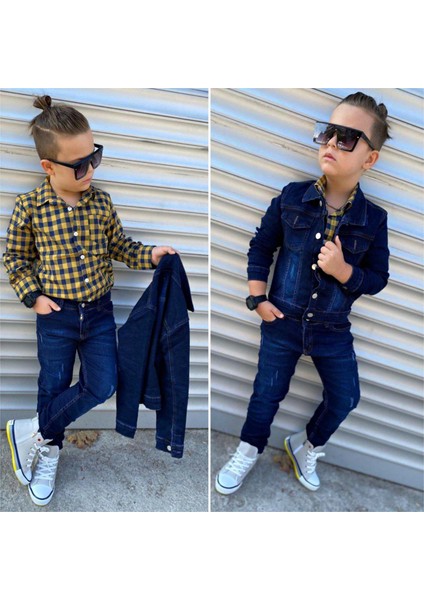 Kot Ceket / Kot Pantolon / Uzun Kollu Ekose Gömlek 3'lü Takım