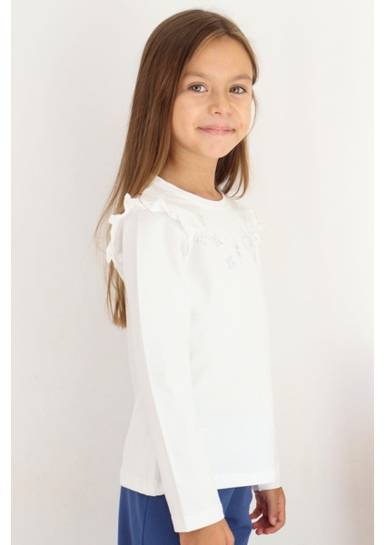 Kız Çocuk Uzun Kollu Tişört Işıltılı Taş Işleme Detaylı 4-10 Yaş, Ekru