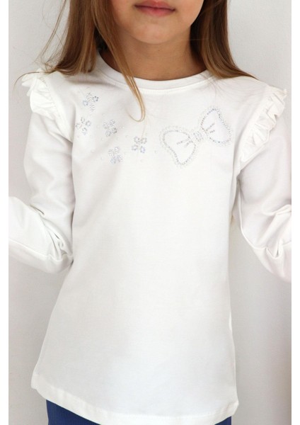Kız Çocuk Uzun Kollu Tişört Işıltılı Taş Işleme Detaylı 4-10 Yaş, Ekru