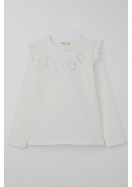 Kız Çocuk Uzun Kollu Tişört Işıltılı Taş Işleme Detaylı 4-10 Yaş, Ekru
