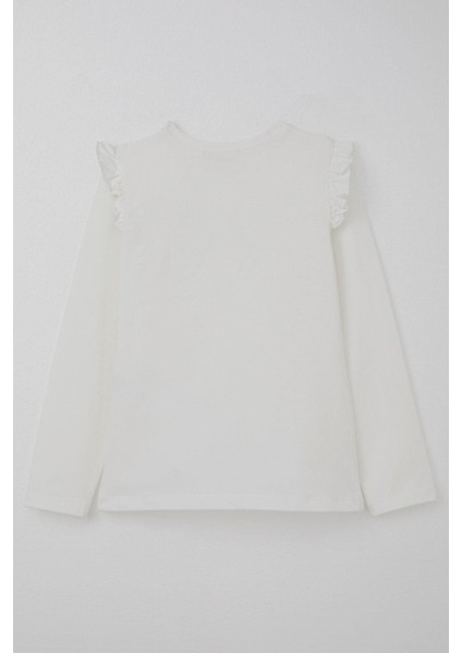 Kız Çocuk Uzun Kollu Tişört Işıltılı Taş Işleme Detaylı 4-10 Yaş, Ekru
