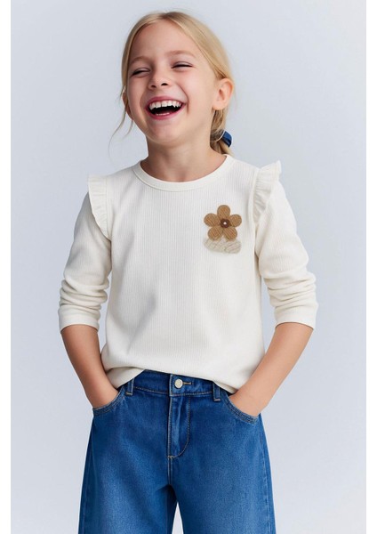 Kız Çocuk Uzun Kollu Tişört Çiçek Aksesuarlı 2-6 Yaş, Ekru fırsatları