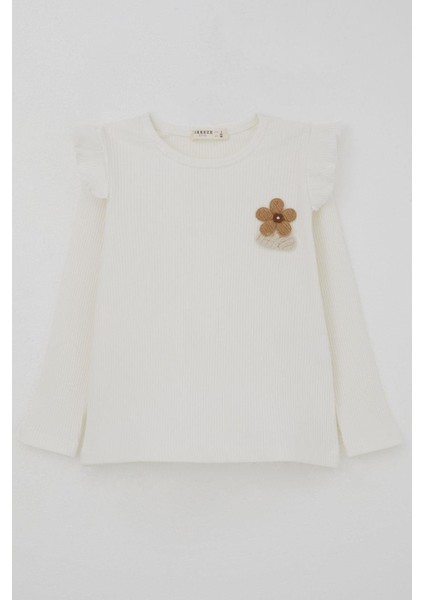 Kız Çocuk Uzun Kollu Tişört Çiçek Aksesuarlı 2-6 Yaş, Ekru indirimleri