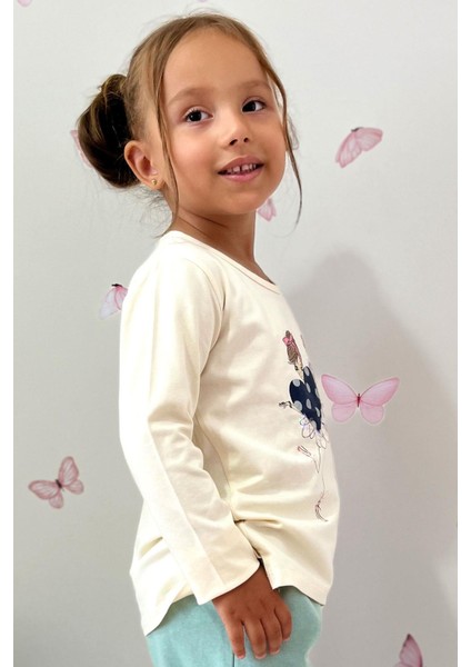 Kız Çocuk Uzun Kollu Tişört Pullu Kız Baskılı 2-6 Yaş, Krem