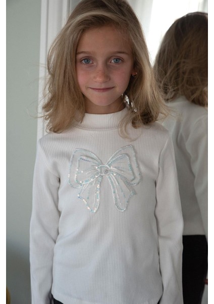Kız Çocuk Uzun Kollu Tişört Tül Fiyonk Armalı 8-14 Yaş, Ekru fırsatları