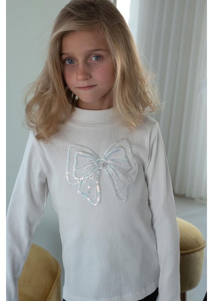 Kız Çocuk Uzun Kollu Tişört Tül Fiyonk Armalı 8-14 Yaş, Ekru indirimleri
