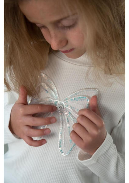 Kız Çocuk Uzun Kollu Tişört Tül Fiyonk Armalı 8-14 Yaş, Ekru