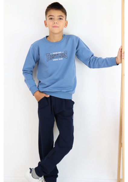 Erkek Çocuk Eşofman Takım Yazı Baskılı Cepli 5-10 Yaş, Indigo
