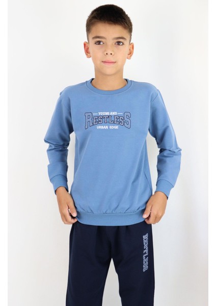 Erkek Çocuk Eşofman Takım Yazı Baskılı Cepli 5-10 Yaş, Indigo