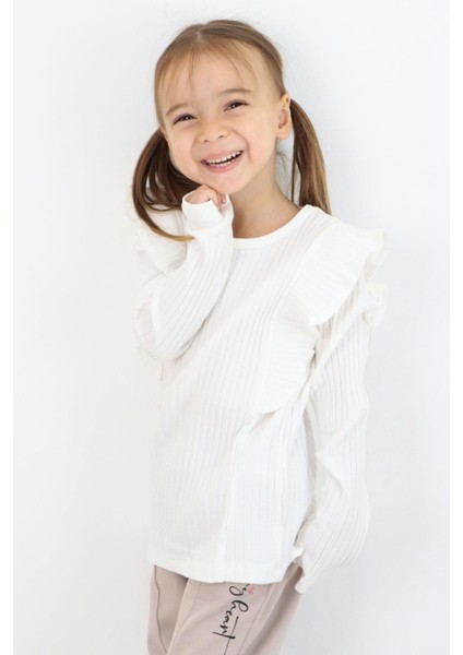Kız Çocuk Uzun Kollu Tişört Fırfırlı 2-6 Yaş, Ekru