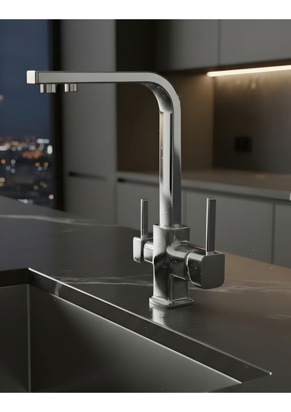 3 Yollu Arıtmalı Krom Kare Mutfak Bataryası – Pirinç Gövde