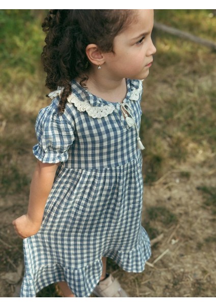 Pöti Kareli Yakalı Elbise 2-10 Yaş Indigo Mavi indirimleri