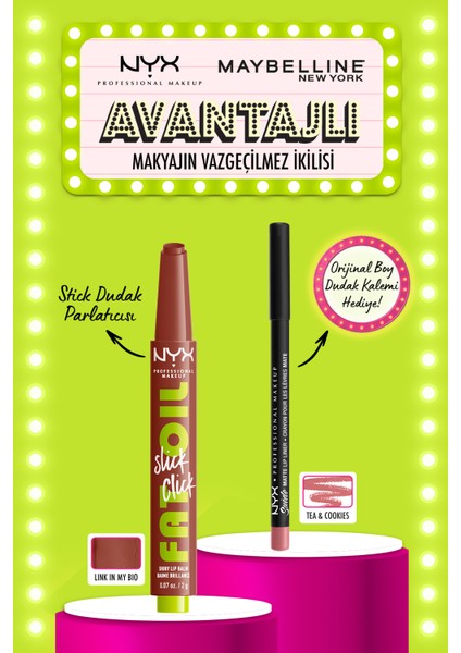 Nyx Professional Makeup fat Oil Slick Click Parlatıcı Dudak Balmı - 05 Link In My Bio & Suede Matte Lip Liner Tea & Cookies Orijinal Boy Ürün Hediyeli Makyaj Seti