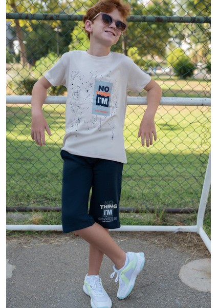 Erkek Çocuk Şortlu Takım Püskürtme Boya Desenli Yazı Baskılı 5-10 Yaş, Bej