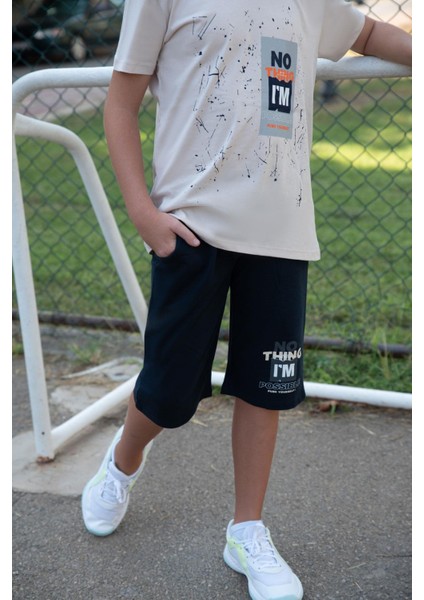 Erkek Çocuk Şortlu Takım Püskürtme Boya Desenli Yazı Baskılı 5-10 Yaş, Bej