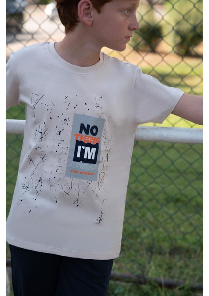 Erkek Çocuk Şortlu Takım Püskürtme Boya Desenli Yazı Baskılı 5-10 Yaş, Bej