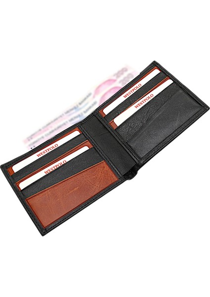 Hakiki Deri Kağıt Para ve Bol Kart Bölmeli ve Ekstra Kartlıklı Erkek Cüzdanı - Siyah-Taba