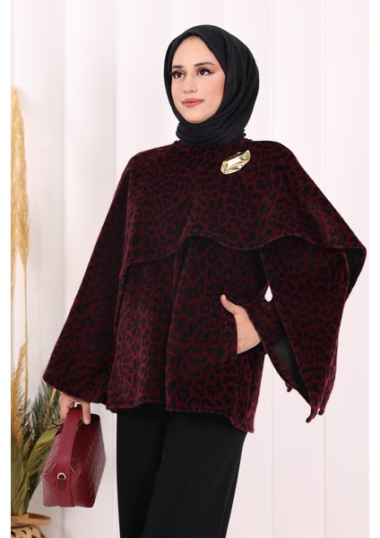 Atkı Detay Leoparlı Panço 70061-1 Bordo indirimleri