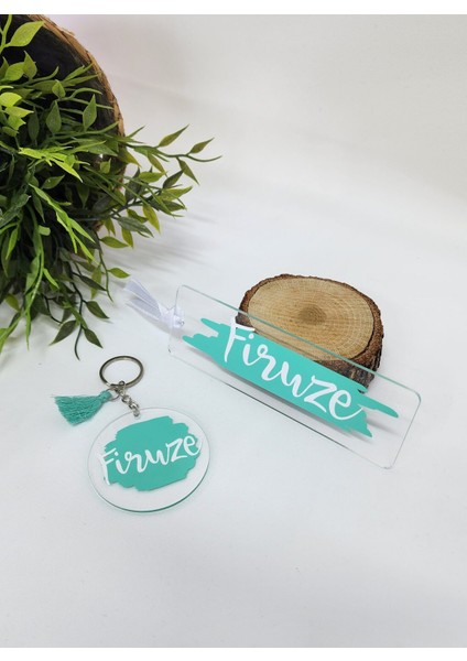 Isme Özel Kişiye Özel Mint Yeşili Detaylı Pleksi Kitap Ayracı ve Anahtarlık Seti