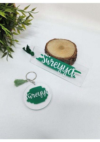Isme Özel Kişiye Özel Koyu Yeşil Detaylı Pleksi Kitap Ayracı ve Anahtarlık Seti