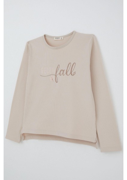 Kız Çocuk Pantolonlu Takım Yazı Nakışlı 5-9 Yaş, Bej