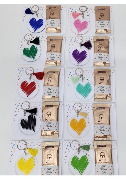 Öğretmenler Için Renkli Kalp Desenli Anahtarlık ve Kahve Seti Öğretmenler Günü Hediyesi 10 Adet modelleri