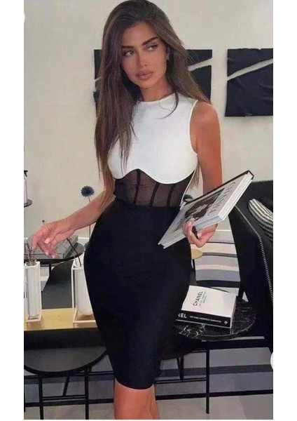 Kadın Bisiklet Yaka Kolsuz Çift Renk ve Bel Transparan Korse Detay Midi Boy Elbise fiyatları