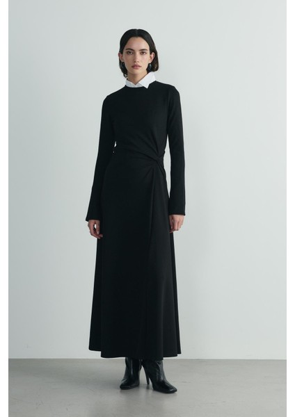 Siyah Norena Düğümlü Midi Elbise