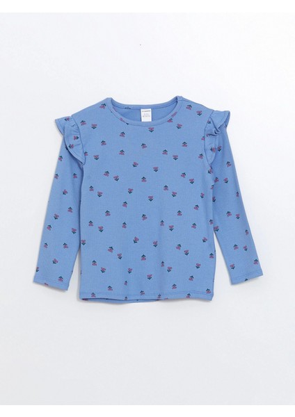 Lcw Kids Mavi Bisiklet Yaka Uzun Kollu Çiçekli Kız Çocuk Tişört