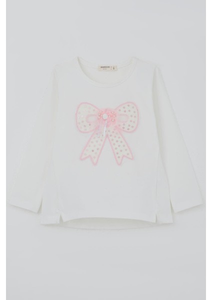 Kız Çocuk Uzun Kollu Tişört Fiyonk Armalı Inci Detaylı Tüllü 3-8 Yaş, Ekru