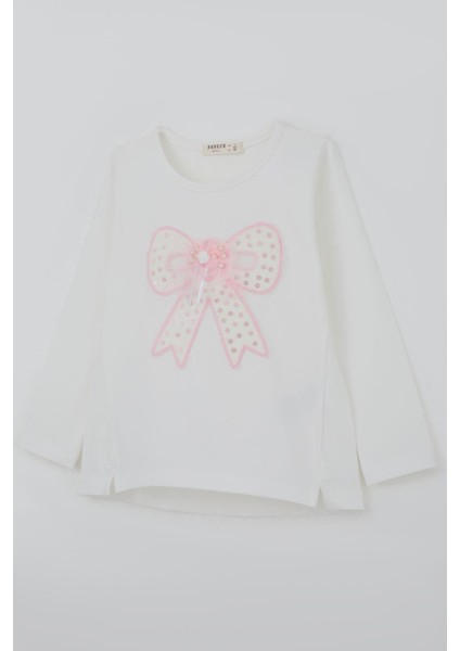 Kız Çocuk Uzun Kollu Tişört Fiyonk Armalı Inci Detaylı Tüllü 3-8 Yaş, Ekru modelleri