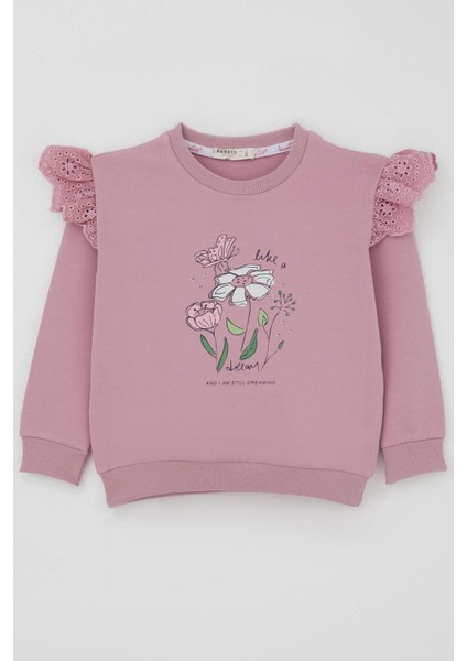 Kız Çocuk Sweatshirt Omuzları Çiçek Nakış Detaylı Çiçek Baskılı 2-6 Yaş, Gülkurusu