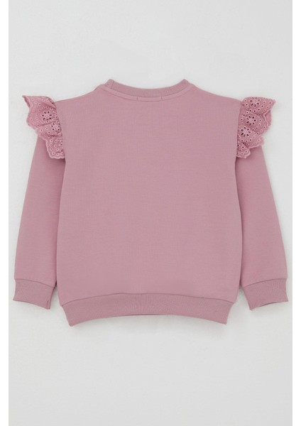 Kız Çocuk Sweatshirt Omuzları Çiçek Nakış Detaylı Çiçek Baskılı 2-6 Yaş, Gülkurusu fiyatları