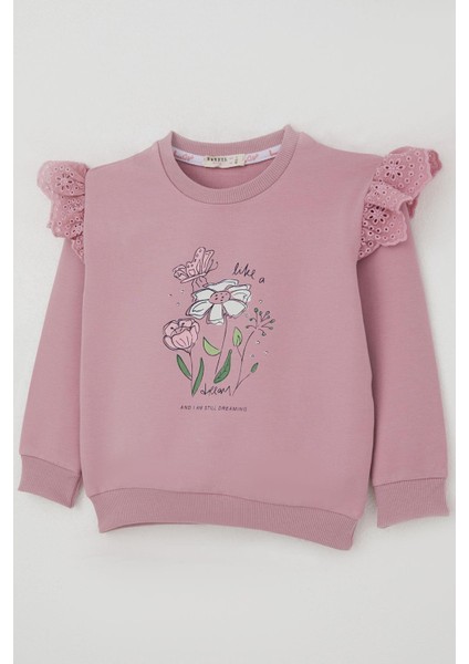 Kız Çocuk Sweatshirt Omuzları Çiçek Nakış Detaylı Çiçek Baskılı 2-6 Yaş, Gülkurusu modelleri
