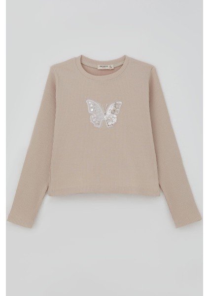 Kız Çocuk Uzun Kollu Tişört Kelebek Arma Detaylı Pullu Incili 8-14 Yaş, Bej
