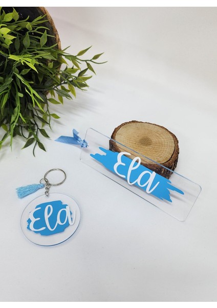 Isme Özel Kişiye Özel Mavi Detaylı Pleksi Kitap Ayracı ve Anahtarlık Seti