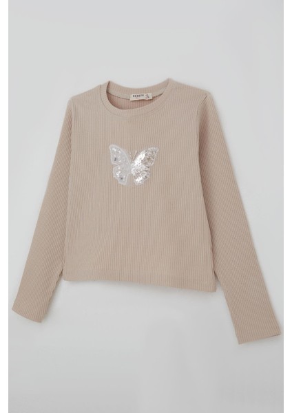 Kız Çocuk Uzun Kollu Tişört Kelebek Arma Detaylı Pullu Incili 8-14 Yaş, Bej modelleri
