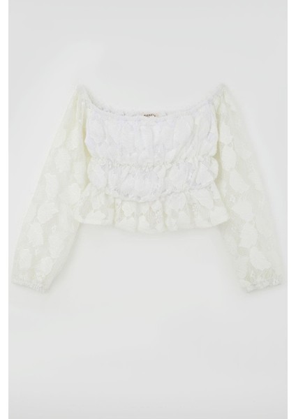 Kız Çocuk Uzun Kollu Dantelli Crop Bluz Yaprak Desenli 9-14 Yaş, Beyaz