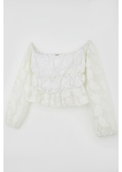 Kız Çocuk Uzun Kollu Dantelli Crop Bluz Yaprak Desenli 9-14 Yaş, Beyaz modelleri