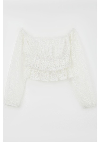 Kız Çocuk Uzun Kollu Dantelli Crop Bluz Çiçek Desenli 9-14 Yaş, Beyaz