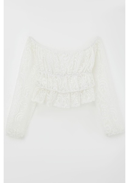 Kız Çocuk Uzun Kollu Dantelli Crop Bluz Çiçek Desenli 9-14 Yaş, Beyaz fiyatları