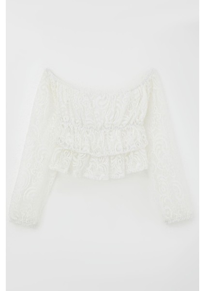 Kız Çocuk Uzun Kollu Dantelli Crop Bluz Çiçek Desenli 9-14 Yaş, Beyaz modelleri