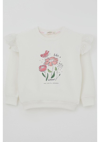 Kız Çocuk Sweatshirt Omuzları Çiçek Nakış Detaylı Çiçek Baskılı 2-6 Yaş, Ekru