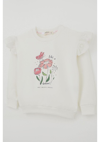 Kız Çocuk Sweatshirt Omuzları Çiçek Nakış Detaylı Çiçek Baskılı 2-6 Yaş, Ekru modelleri