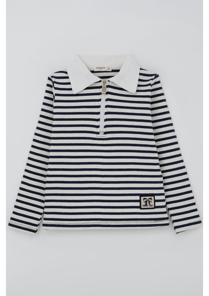 Kız Çocuk Uzun Kollu Tişört Polo Yaka Arma Detaylı Fermuarlı 8-14 Yaş, Beyaz