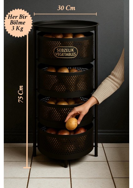 4 Bölmeli Patates ve Soğan Sepeti Patateslik Soğanlık Sebzelik Paslanmaz Metal Dekoratif Düzenleyici